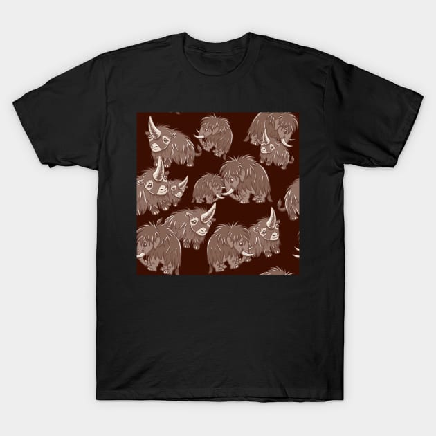 Woolly Mammoth and Woolly Rhino on Cranberry background T-Shirt by RJKpoyp
